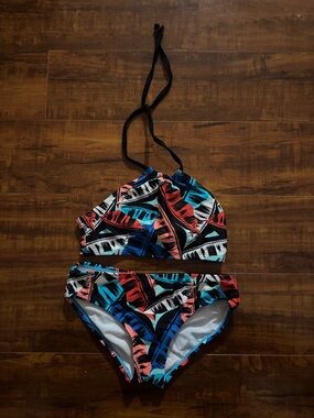 Girls' Tropical Feather Print Bikini Set - Black, Blue & Coral